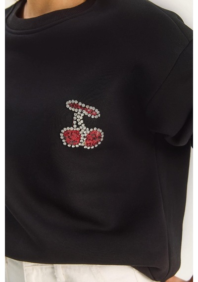 Shade Kadın Bisiklet Yaka Kiraz Taş İşlemeli Üç İplik Şardonlu Sweatshirt 60601047 - Siyah