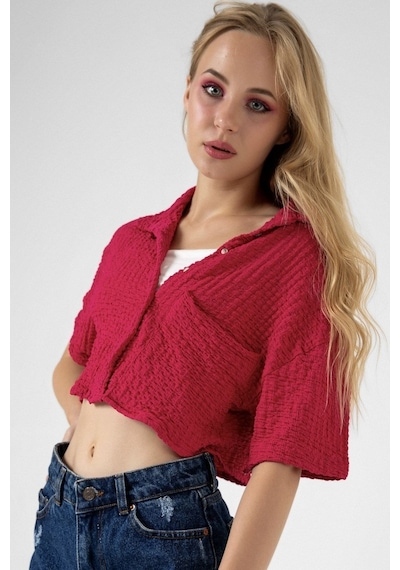 Bbbutikbasic Bürümcük Cepli Crop Gömlek Fuşya