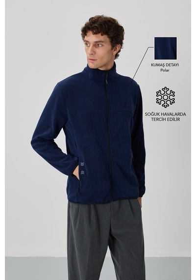 Tommy Life İndigo Yazı Nakışlı Dik Yaka Fermuarlı Standart Kalıp Erkek Sweatshirt Polar - 87992 Indıgo