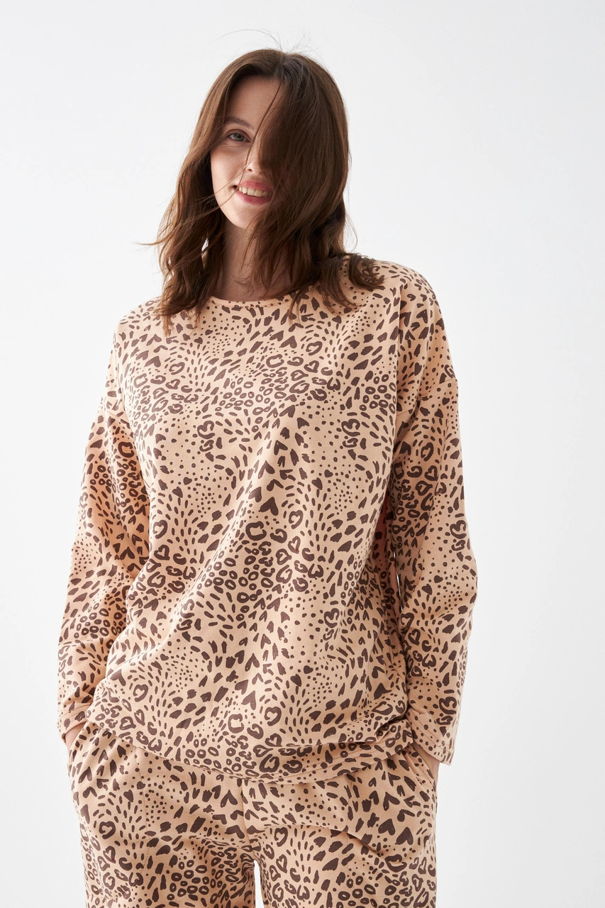 Akbeniz Kadın Oversize Bej Leopar Desenli Pamuklu Kalın Pijama Takımı Bej
