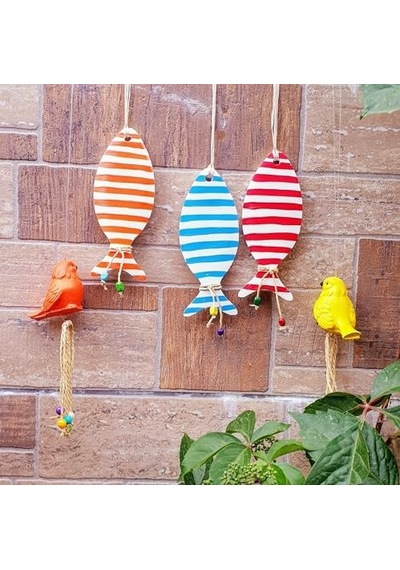 Bodrum Balık Dekoratif Duvar Süsü, Çizgili Balık, Turuncu, Mavi Ve Kırmızı, 3'lü Set