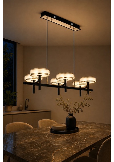 6'lı Modern Premium 3 Renkli Ledli Sarkıt Avizesi Uzun Salon Mutfak Yemek Masası Üstü Modelleri 120w Siyah