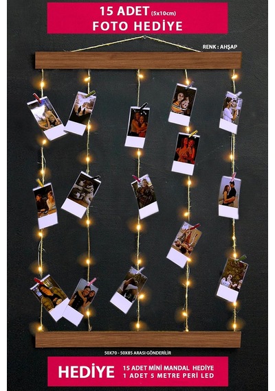 Yhfoto İpli Mandallı Ledli Fotoğraf Ahşap Renk Işıklı Anı Kahverengi 50 X 70