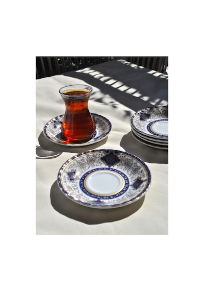 6'lı Porselen Çay Tabağı Altın İşlemeli Gold 12 Cm Çay Tabak Seti - Parya Lacivert