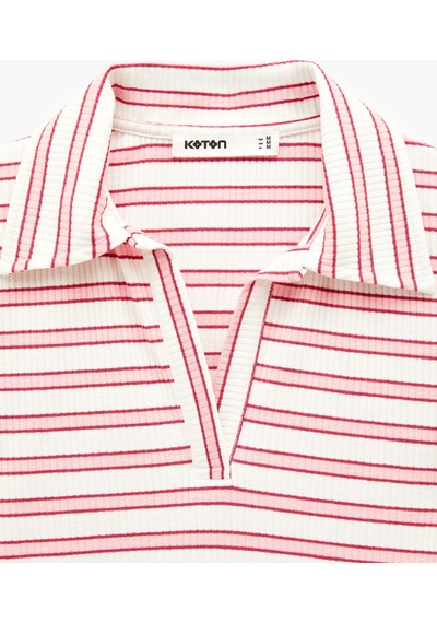 Koton Slim Fit Viskon Karışımlı Kısa Kollu Çizgili Polo Yaka Tişört Ekru Çizgili 6sak50458ek