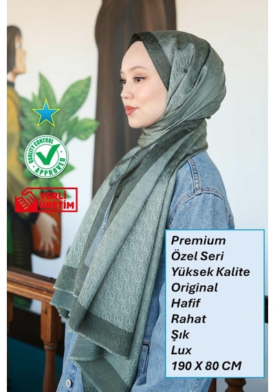 Premium Lux Original Monogram Şal İpek Vual, Yüksek Kalite, Hafif, Rahat, Şık, Tesettür, Shawl Haki