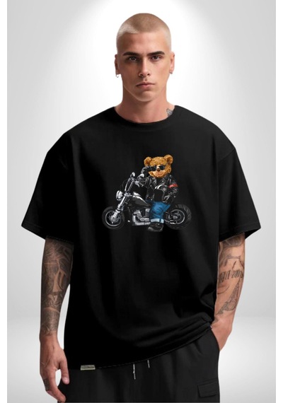 Kask Güneş Gözlüğü Motor Ayı Pamuklu Bisiklet Yaka Unisex Oversize Boyfriend Dijital Baskılı Siyah T-shirt Siyah
