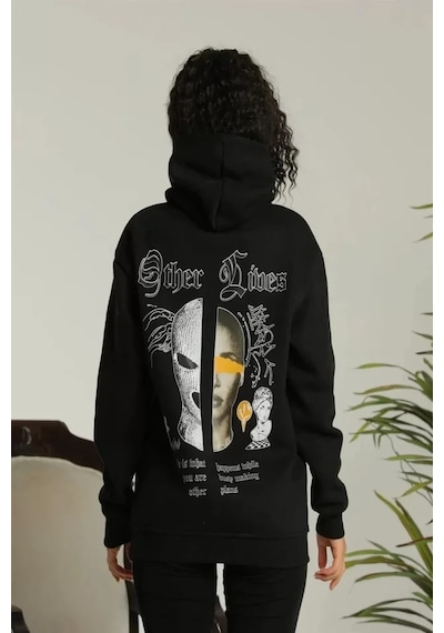 Etiler Collection Sırt Baskılı Oversize Üç İplik Kapüşonlu Sweatshirt - Siyah