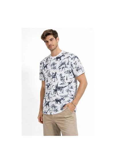 Yake Store Erkek Beyaz Dinozor Desenli Tişört Regular Fit, Bisiklet Yaka, Dijital Baskılı Pamuklu T-shirt - Beyaz - Beyaz
