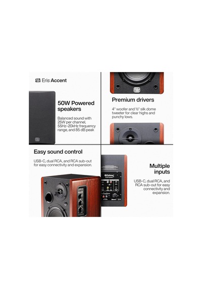 Eris Accent - Aktif Kitaplık Hoparlör Çift 4 İnç Woofer, 1 İnç İpek Kubbe Tweeter, 60w Class D, Trs/rca/aux