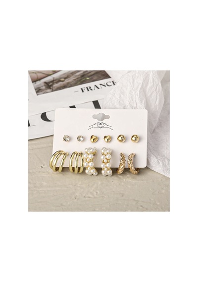 Luxe Akrilik Ve Incili Altın Gold Halka Çoklu Küpe Seti Sütlü Kahve Tavşan