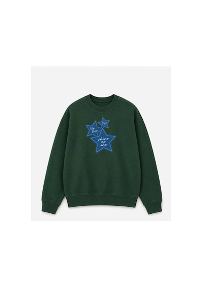 Herkesemoda Kot Efektli Yıldız Baskılı 2 İplik Şardonlu Bisiklet Yaka Sweatshirt Yeşil