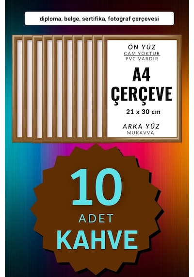 Kahverengi-10 Adet A4 Çerçeve Diploma Belge Sertifika Fotoğraf Resim Çerçevesi Pvc 10lu Kahverengi