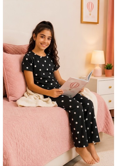 Modanino Kız Çocuk Pamuklu Milan Kumaş Pijama Takımı 8-16 Yaş 12699hc Siyah