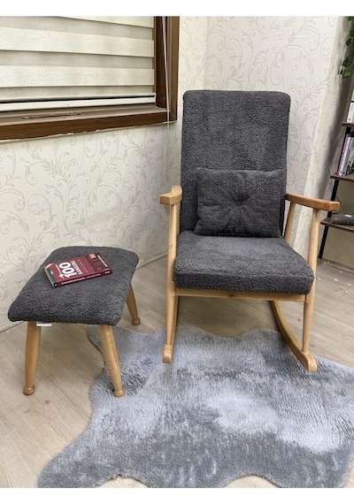 Trend Naturel Teddy Antrasit Ahşap Ayak Uzatma Pufu Makyaj Koltuğu Bench Tabure