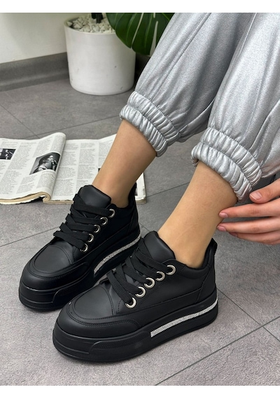 Erva'nın Butiği Siyah Cilt Miles Taş Detay Yüksek Taban Bağcıklı Sneakers-5636