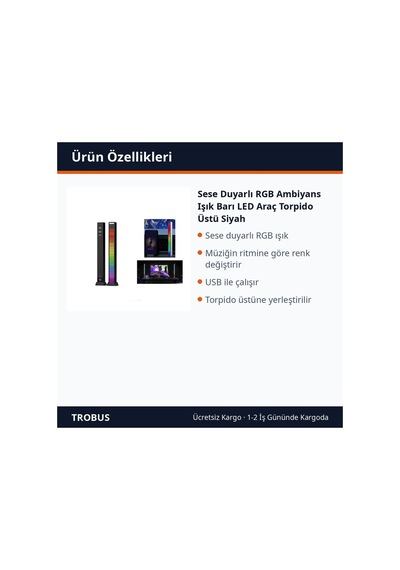 Trobus Sese Duyarlı Rgb Ambiyans Işık Barı Led Araç Torpido Üstü Siyah