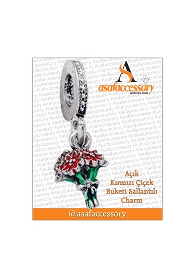 Açık Kırmızı Çiçiek Buketli Sallantılı Charm Gümüş