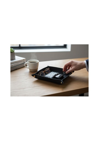Deri & Süet Masaüstü Organizer Minimalist Dekoratif Tasarım Siyah Siyah