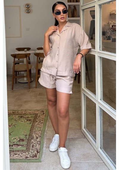 Madmext Bej Kısa Kollu Modal Gömlek Şort Takım Mg2739
