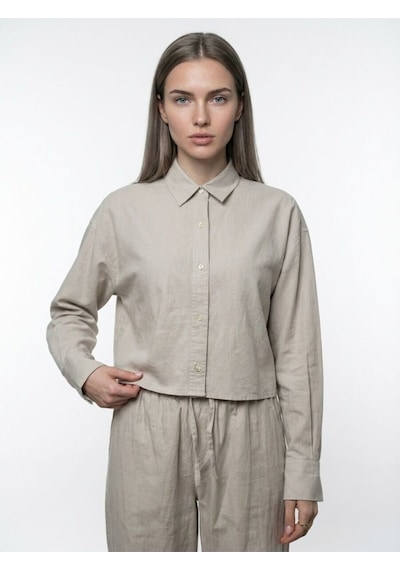 Long Crop Kadın Gömlek U.kol Light Beige