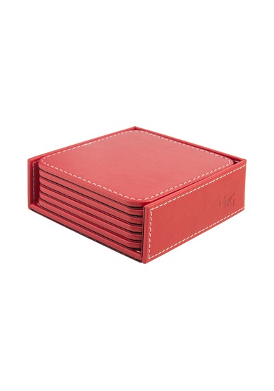 Bardak Altlığı,6 Lı Set,masaüstü Kare Cup Coaster,vegan Suni Deri,11x11 Cm.,kırmızı