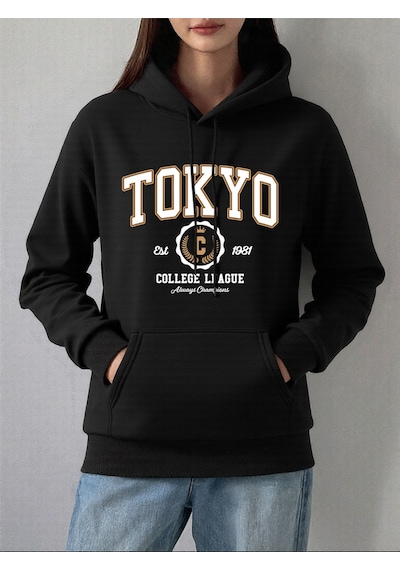 Startmore Startmoretokyo Kolej Ligi Baskılar Hoodie Kadın Kış Polar Sıcak Kazak Temelleri Cep Kazak Rahat Rahat Siyah