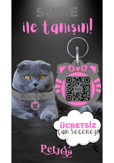 Petjoo 3.Susie Pembe-Gri Qr'lı Kedi Künyesi