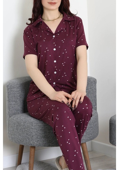 Modi Milan Kumaş Düğmeli Pijama Takımı Mürdüm - 750.1287. Açık Bej - Siyah