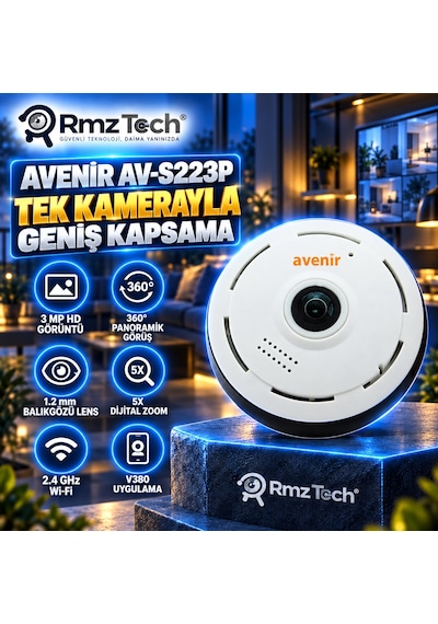 Avenir Av-s223p 3 Mp 360 Panoramik Balıkgözü Wifi Kamera V380 Uygulamalı Asansör, Ofis Ve Mağaza