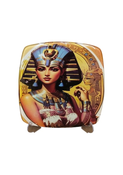Kleopatra Figürlü Cam Masaüstü Dekoratif Tabak - Antik Mısır Temalı Süs - 22x22 Cm