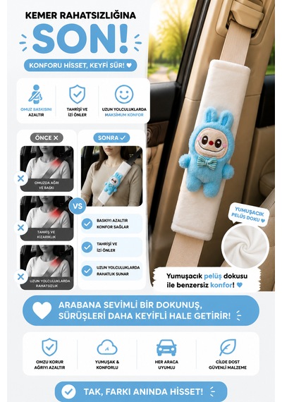 Labubu Mavi Emniyet Kemeri Aksesuarı - Emniyet Kemeri Kılıfı-araç Emniyet Kemeri Omuz Koruyucu 1 Adet