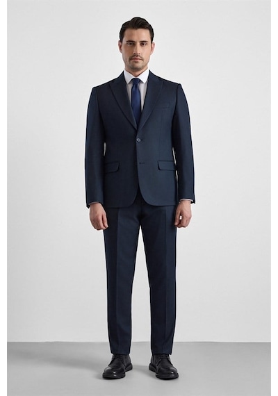 Süvari Lacivert Slim Sivri Yaka Kazayağı Armürlü Kapaklı Cep Standart 6 Drop Takım Elbise Tk1020000349-m09