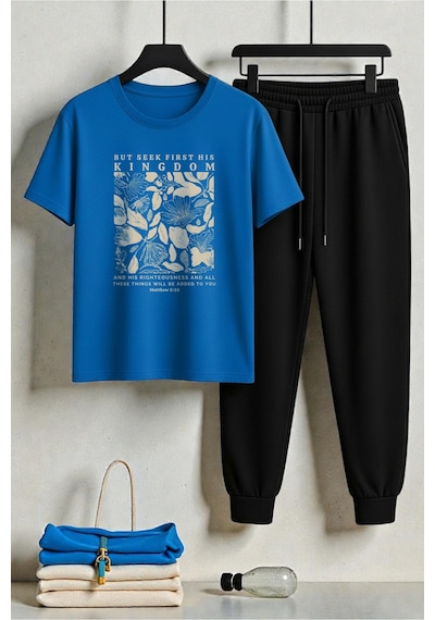 Uyguntarz Unisex But Seek First His Kingdom Tasarım Baskılı Tişört - 2'li Eşofman Takımı Saks Mavi