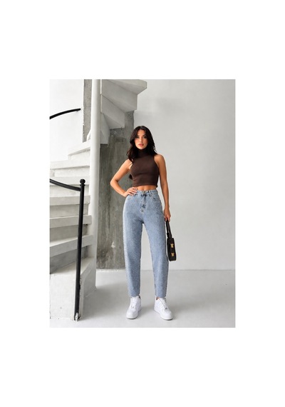 Kene Jeans Buz Kar Paça Kesik Taşlı Mom Denim Pantolon Buz Kar