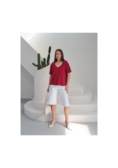Paw Garage Kadın Massi İnterlok Kumaş V Yaka Oversize T-shirt Bordo