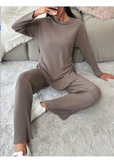 Defymoda Kadın Uzun Kollu Kaşkorseikili Takım Sütlü Kahve