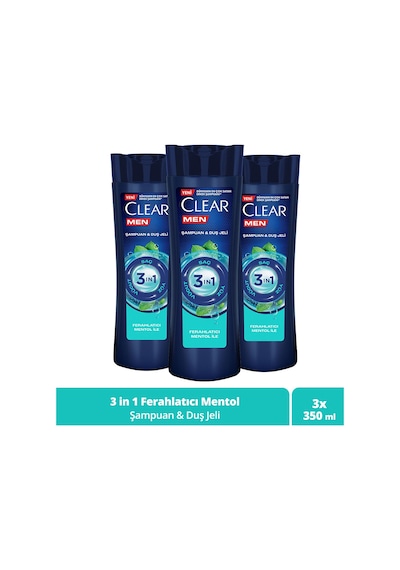 Clear Men Ferahlatıcı Mentol Etkisi 3 in 1 Şampuan & Duş Jeli 3 x 350 ML