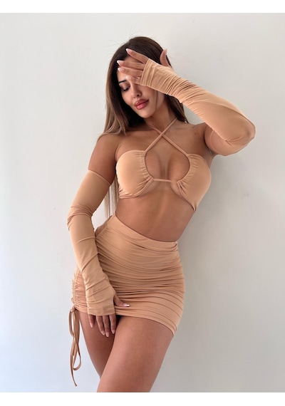 Pink Life Bej Askısız Yüksek Bel Mini Etekli Ikili Takım-Bej