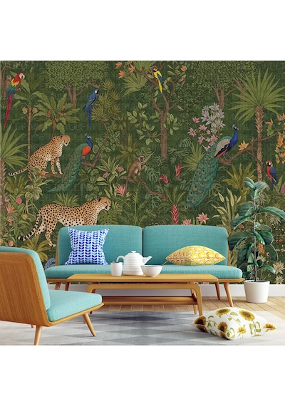 Tavus Kuşu Ve Leoparlar Ormanda İllüstrasyon Poster Duvar Kağıdı Renkli