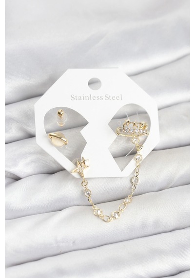 Mey İthalat Pirinç Gold Renk Uzay Model Zincir Bağlantılı Ear Cuff Küpe Seti çok renkli