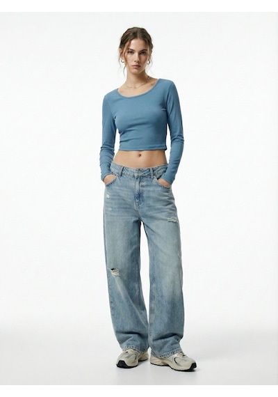 LTB Uzun Kollu Kayık Yaka Crop Mavi Sweatshırt Mid Indigo