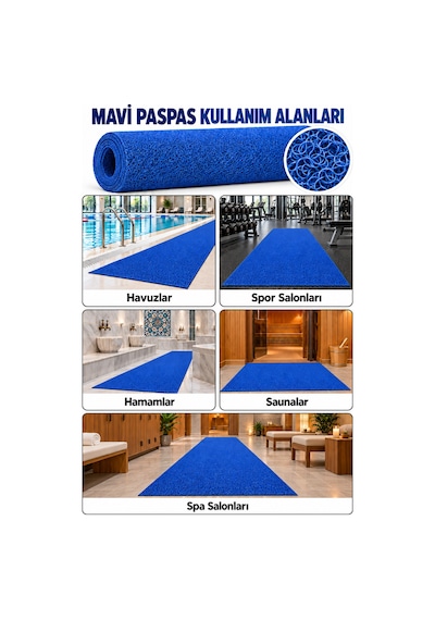 Hortumtech Kıvırcık Paspas Kir Tutucu Pvc Kapı Önü İç Dış Mekan Eko 12 Mm - Mavi 100 X 900 Cm