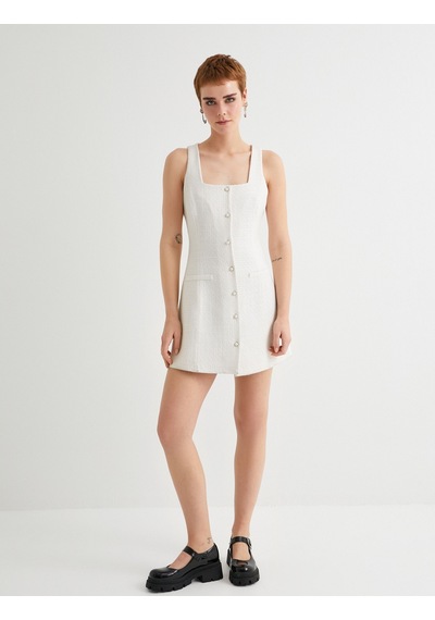 Koton Mini Tüvit Elbise Salopet İnci Düğme Detaylı Cepli Slim Fit Ekru 4sal80139ıw Ekru