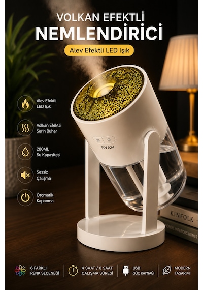 Volkan Efektli Nemlendirici 280ml Led Işıklı Ultrasonik Hava Nemlendirici Sessiz Aroma Difüzör Rt-hm30