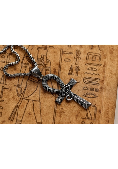 Antik Eskitme Çelik Siyah Zirkon Taş Detaylı Eye Of Horus Kolye Gümüş