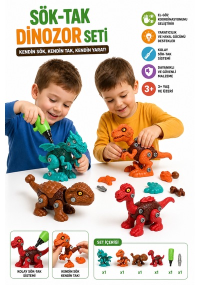 Sök Tak 4'lü 12cm Dinozor Oyuncak Seti Vidalı Montajlı Eğitici Oyuncak + Pilli Matkap İle