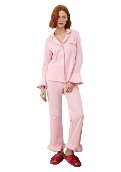 Ersefa Kadın Gömlek Yaka Biyeli Pijama Takımı Fonksiyonel Dayanıklı Kali Pembe