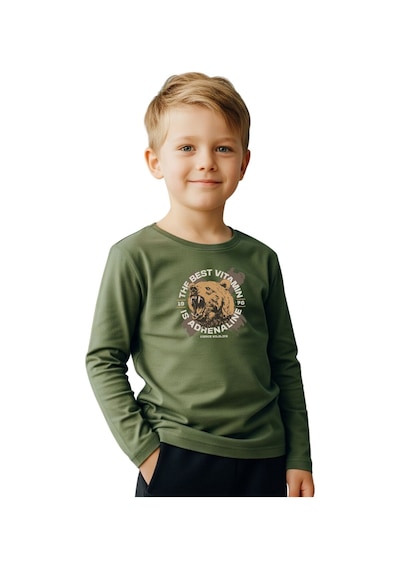 Panios Kids Düz Yuvarlak Yaka Bearr Baskı Detaylı Erkek Çocuk Sweatshirt Haki