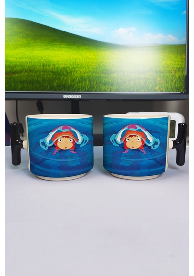 Ponyo Anime Baskılı Seramik Lüks Kupa 1 Adet T Şeklinde Özel Siyah Kulp Dalga Kulp V1t Çok Renkli
